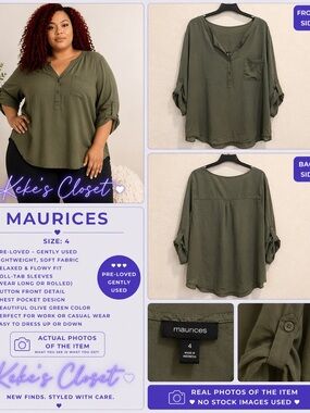 Maurices Olive Green Henley Roll-Tab Sleeve Tunic